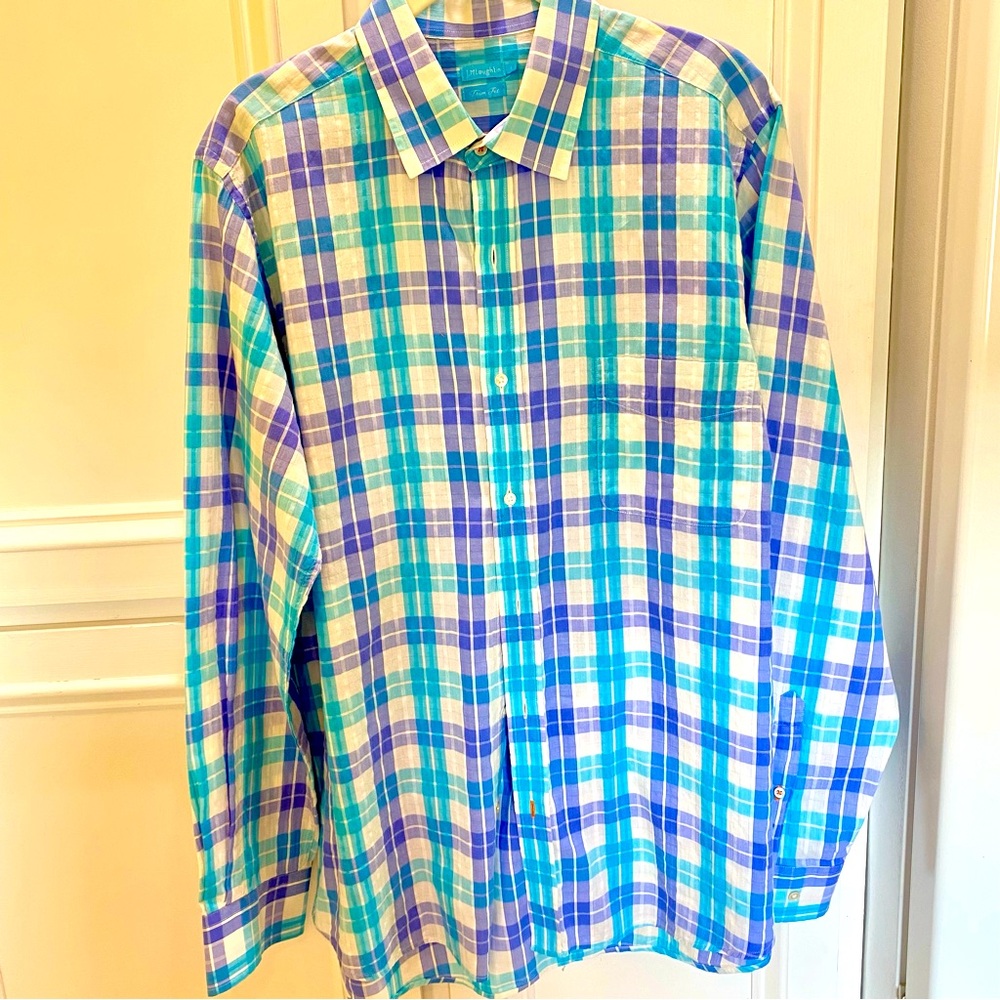 J McLaughlin Mens Large Trim Fit Long Sleeve Cotton Blend Preppy Plaid Shirt